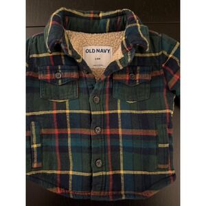 Old Navy Baby Flannel Sherpa-Lined Shirt Jacket 3-6 mths Green Plaid Shacket‎